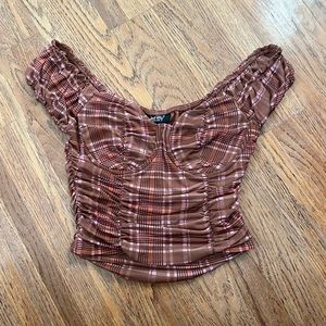 Just Polly Brown Pink Plaid Crop Top, Medium